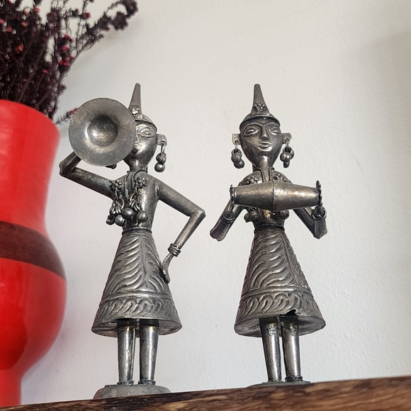 Vintage Artisan Taboo Pair Set of 2 Hindu Export Silver Tone Musicians Figures - Picture 3 of 7